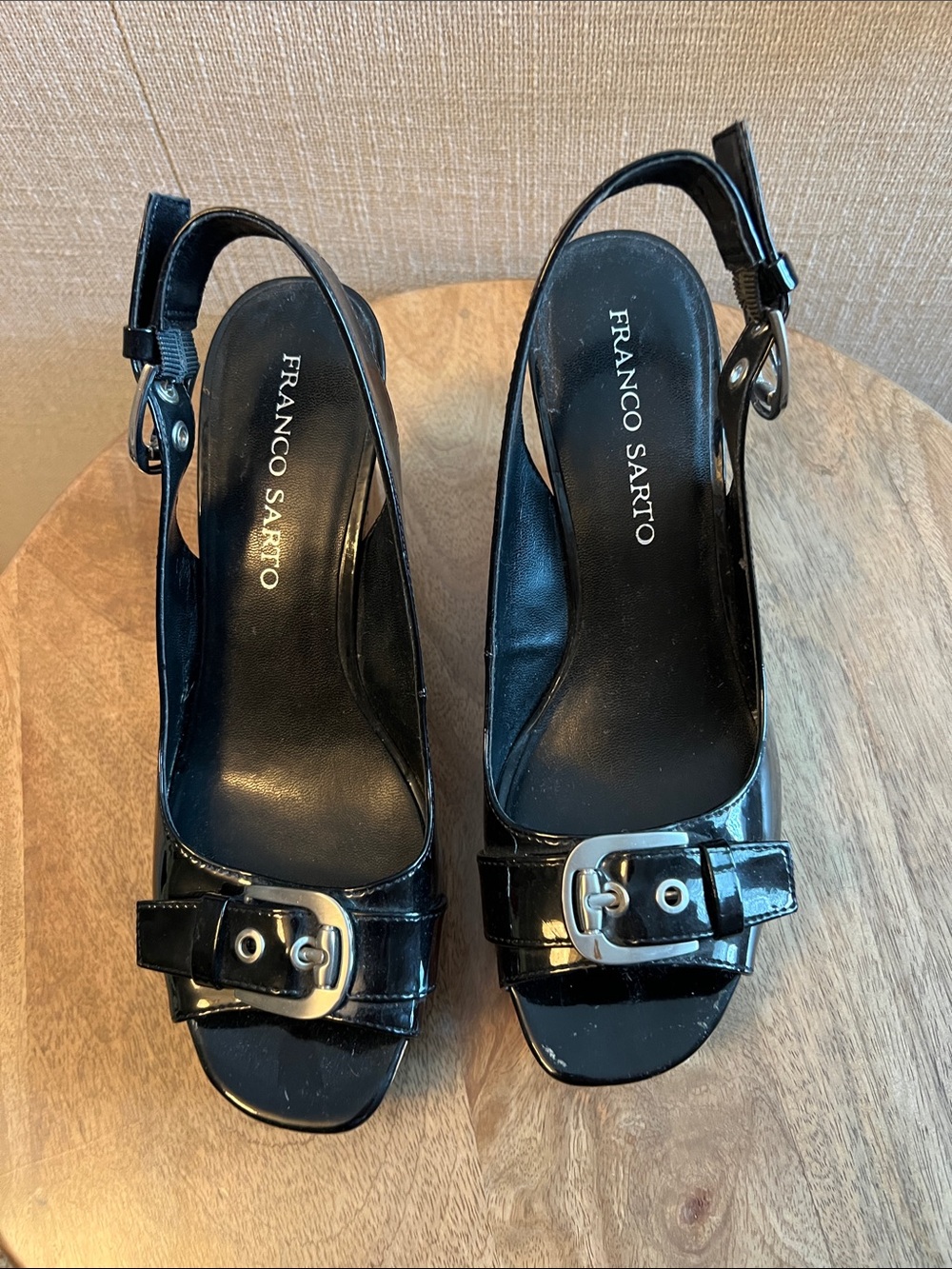 Franco Sarto Black Patent Slingback Heels with Buckle Detail